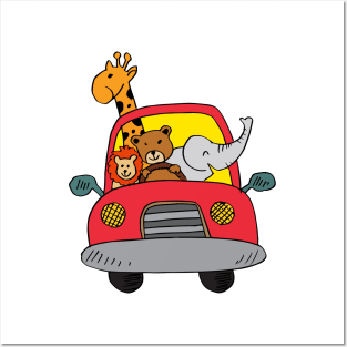 Cute animals in car on road. Posters and Art